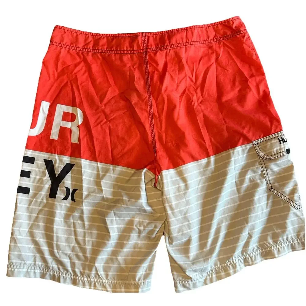 Hurley Board Shorts Men’s 34 Red Gray‎ White Stripe Swim Trunks